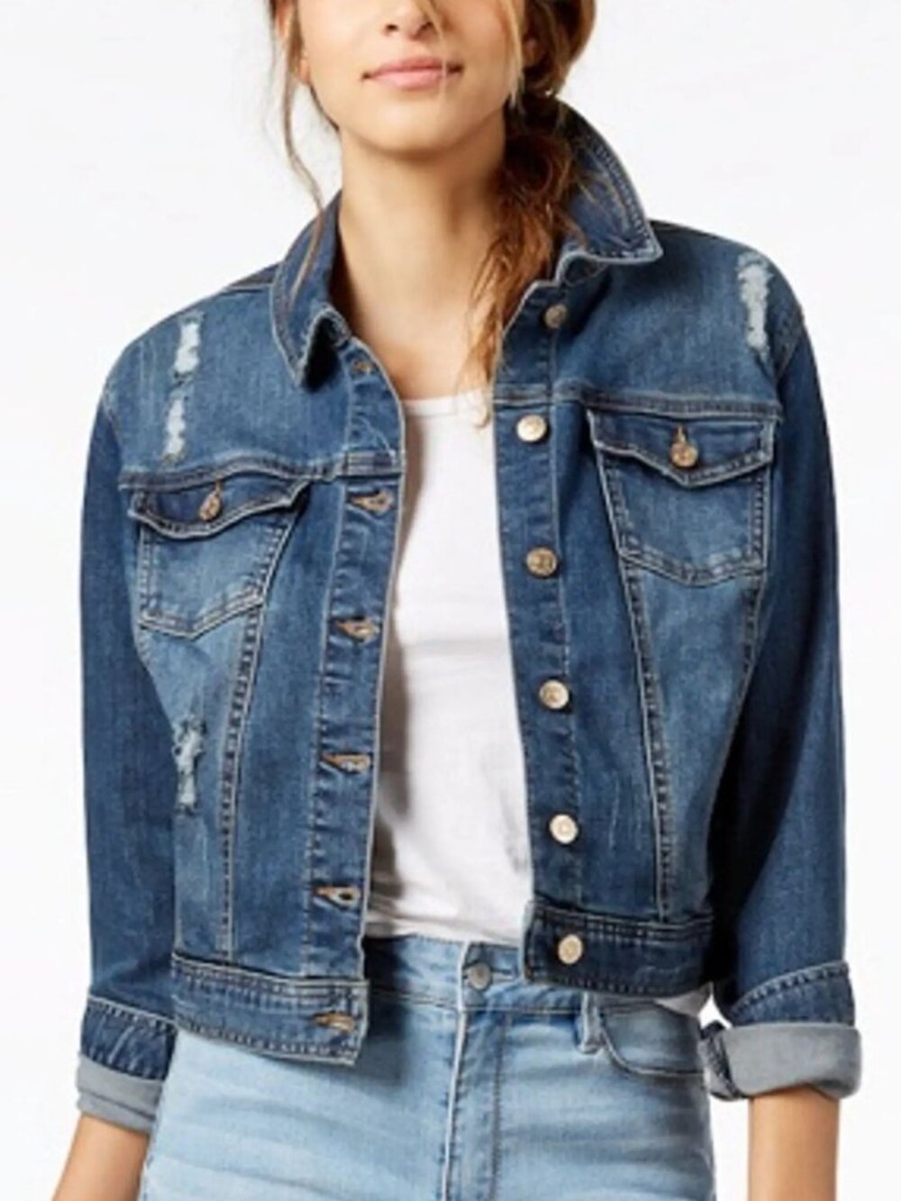 Celebrity Pink Distressed Denim Jacket Size Small Medium Wash Trucker Jalisco